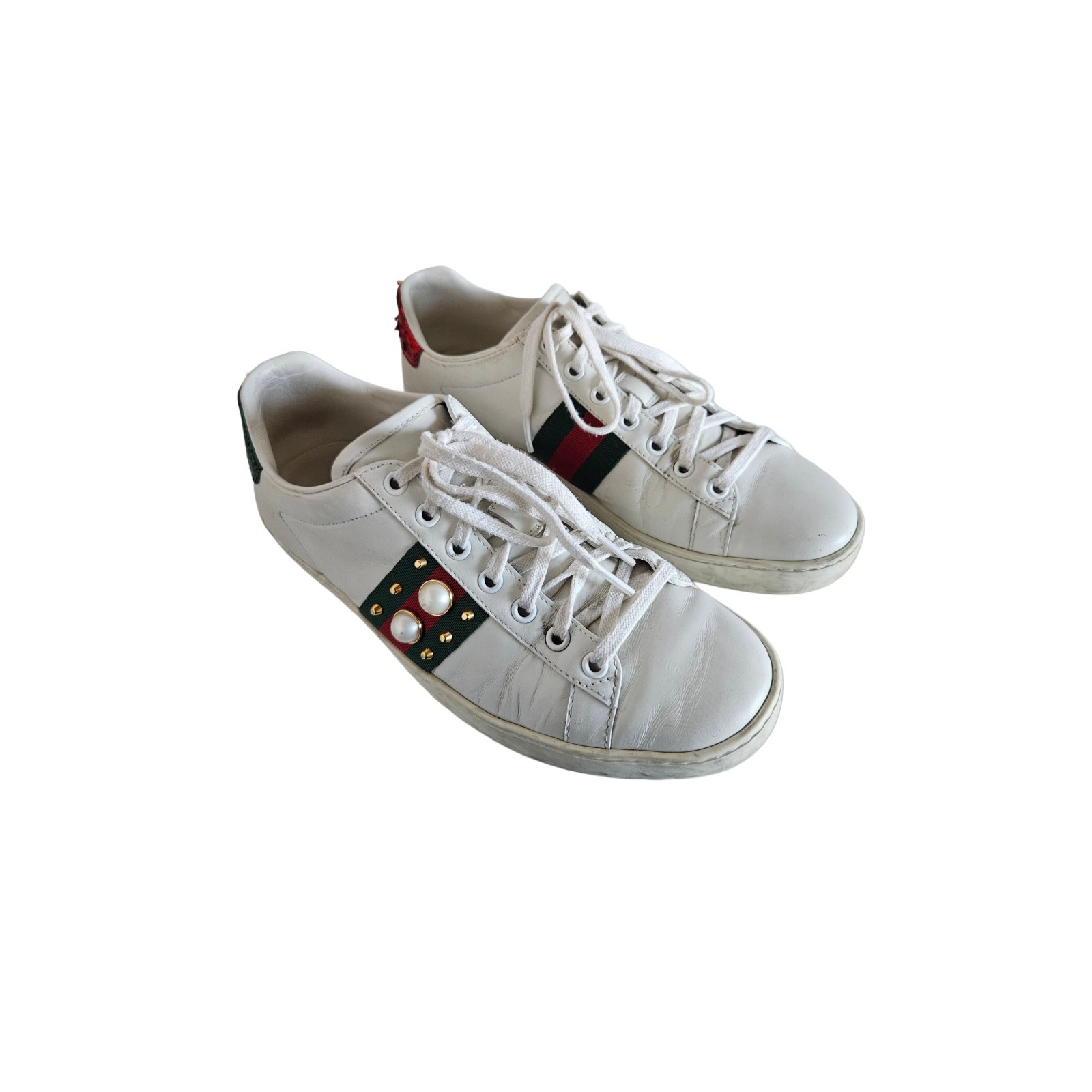 Gucci White Leather Ace Studded Pearl Sneaker, Size 39