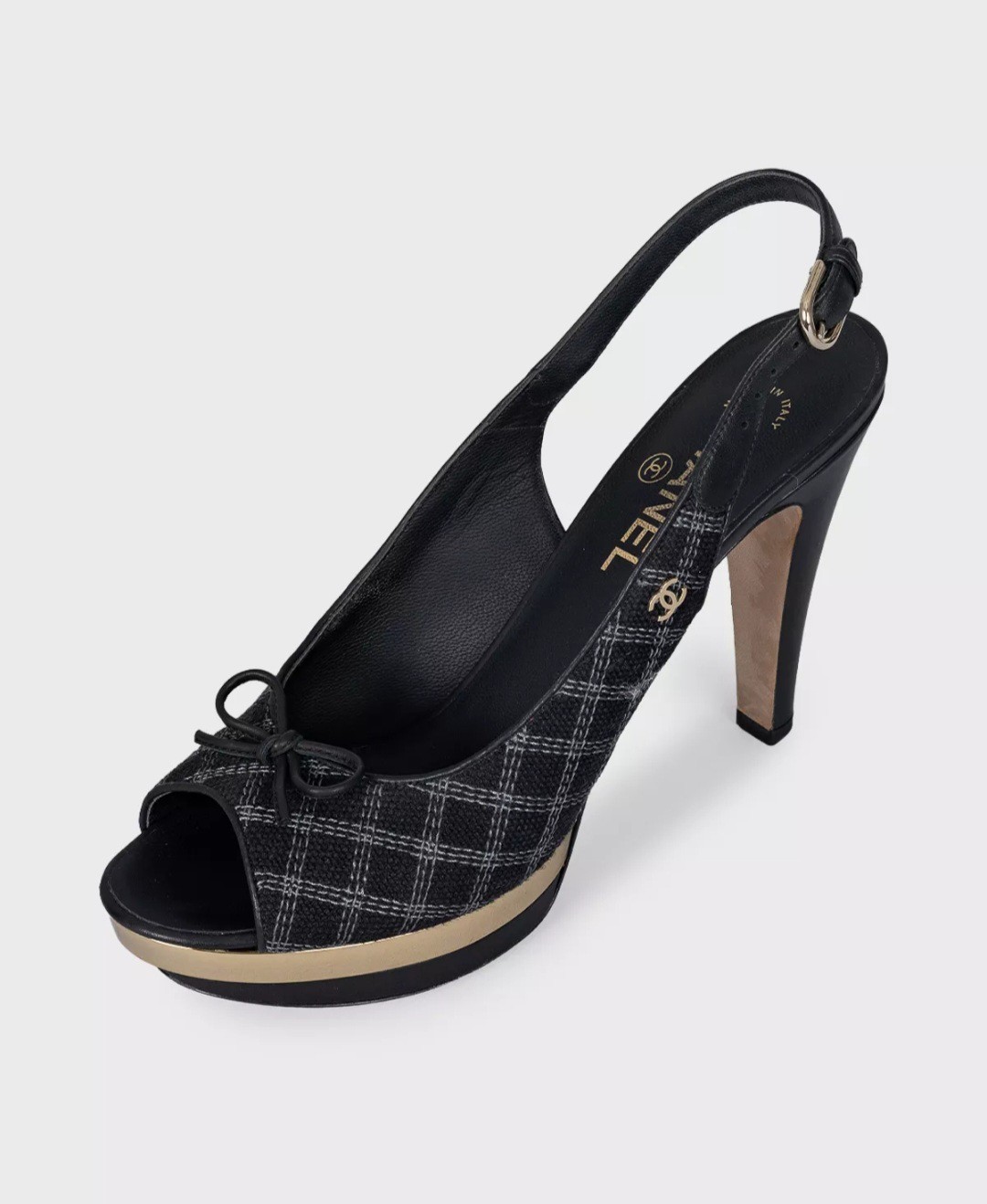 Authentic Chanel Black Quilted Textile Slingback Heels CC Logo Bow Size 39.5