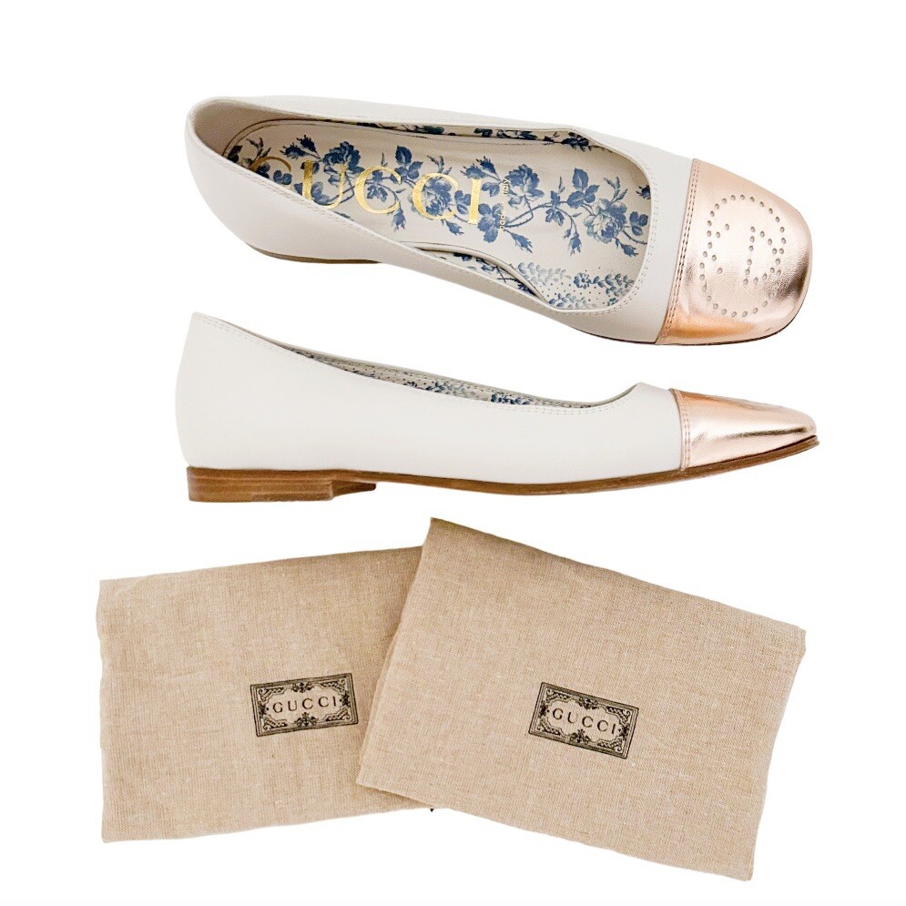Gucci Hills GG Logo Marmont Cap Toe Ballet Flats Ivory White Pink Rose Gold 38
