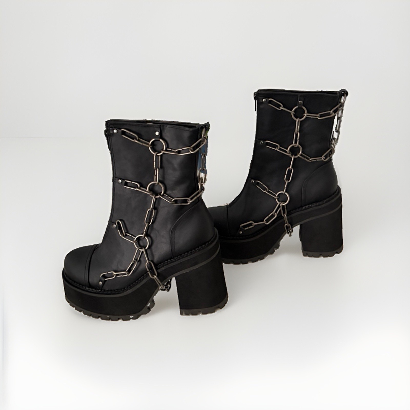 Demonia ASSAULT-66 Black Vegan Leather Mid Calf Platform Chain Boots US 11