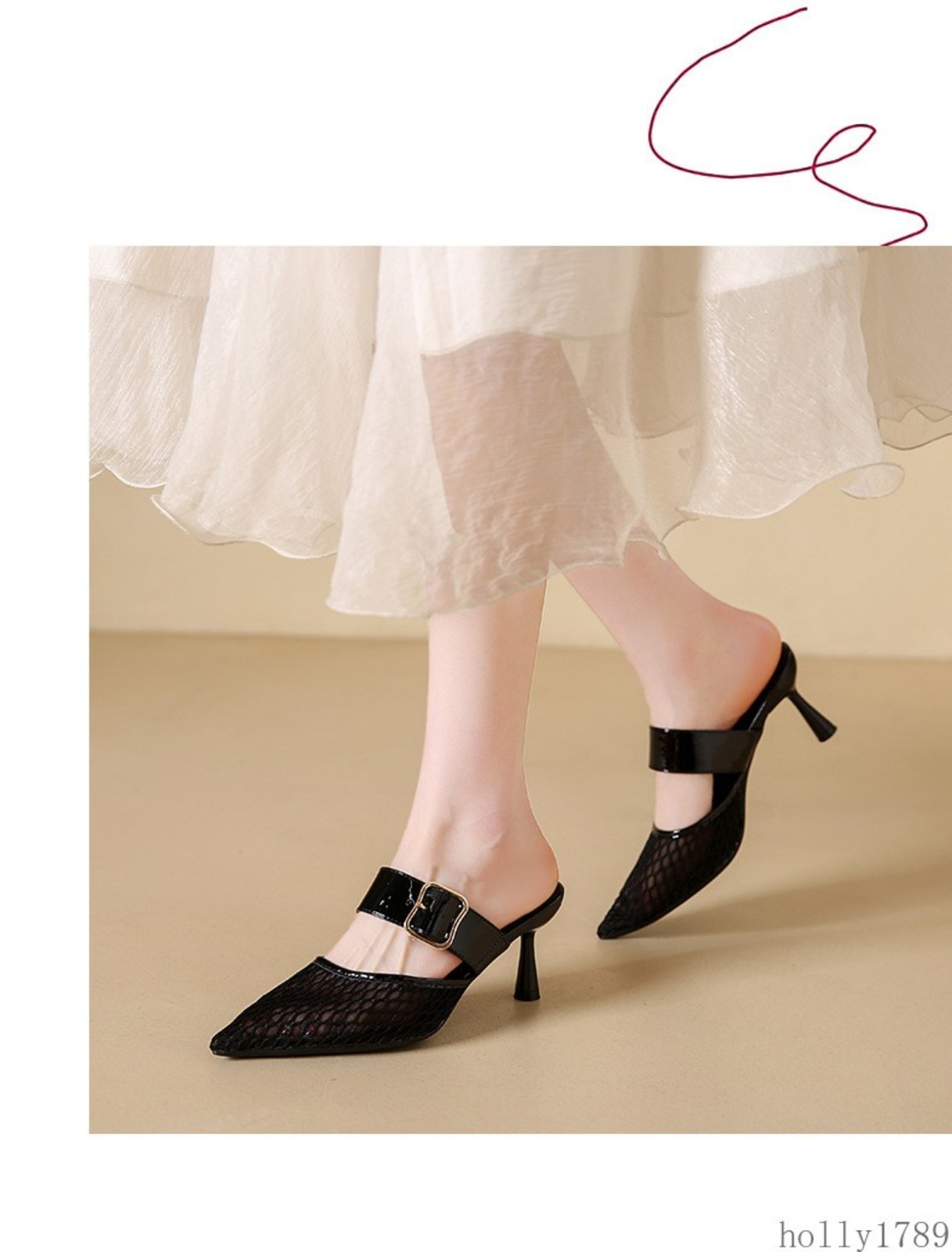 Mesh Pointed Toe Mule Heels Women Hollow Out Strap Slip on High Heel Sandals