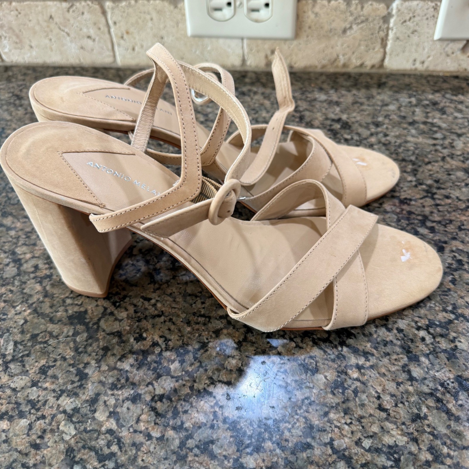 Antonio Melani Nude Suede Strappy Block Heel Sandals Size 12M Made in Brazil