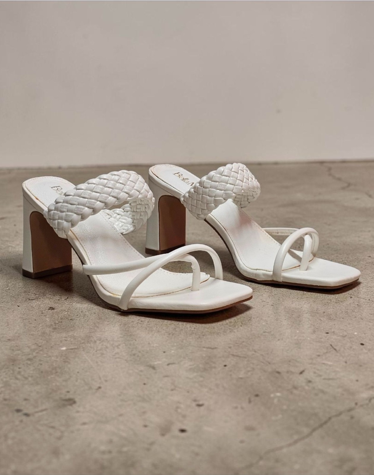 Braided Strap Block Heel Sandals In White With Square Toe And Strappy Design