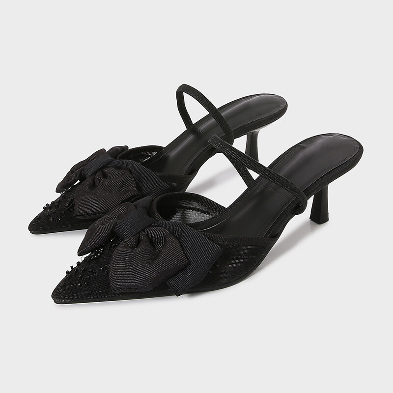 Women Spring New Bow High Heels Shoes Hollow Shallow Casual Sexy Sandals Slipper