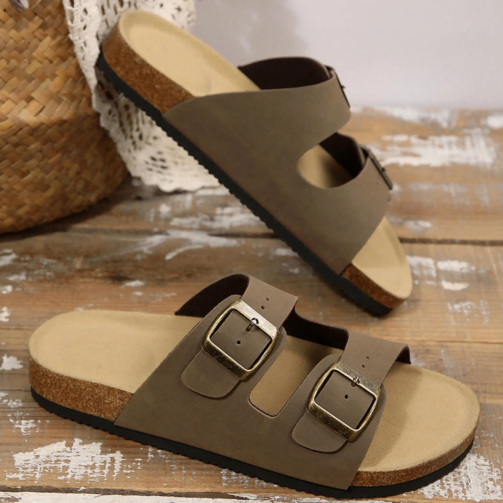 Womens Slide Sandals Flat Open Toe Double Strap Adjustable Buckle Summer Shoes