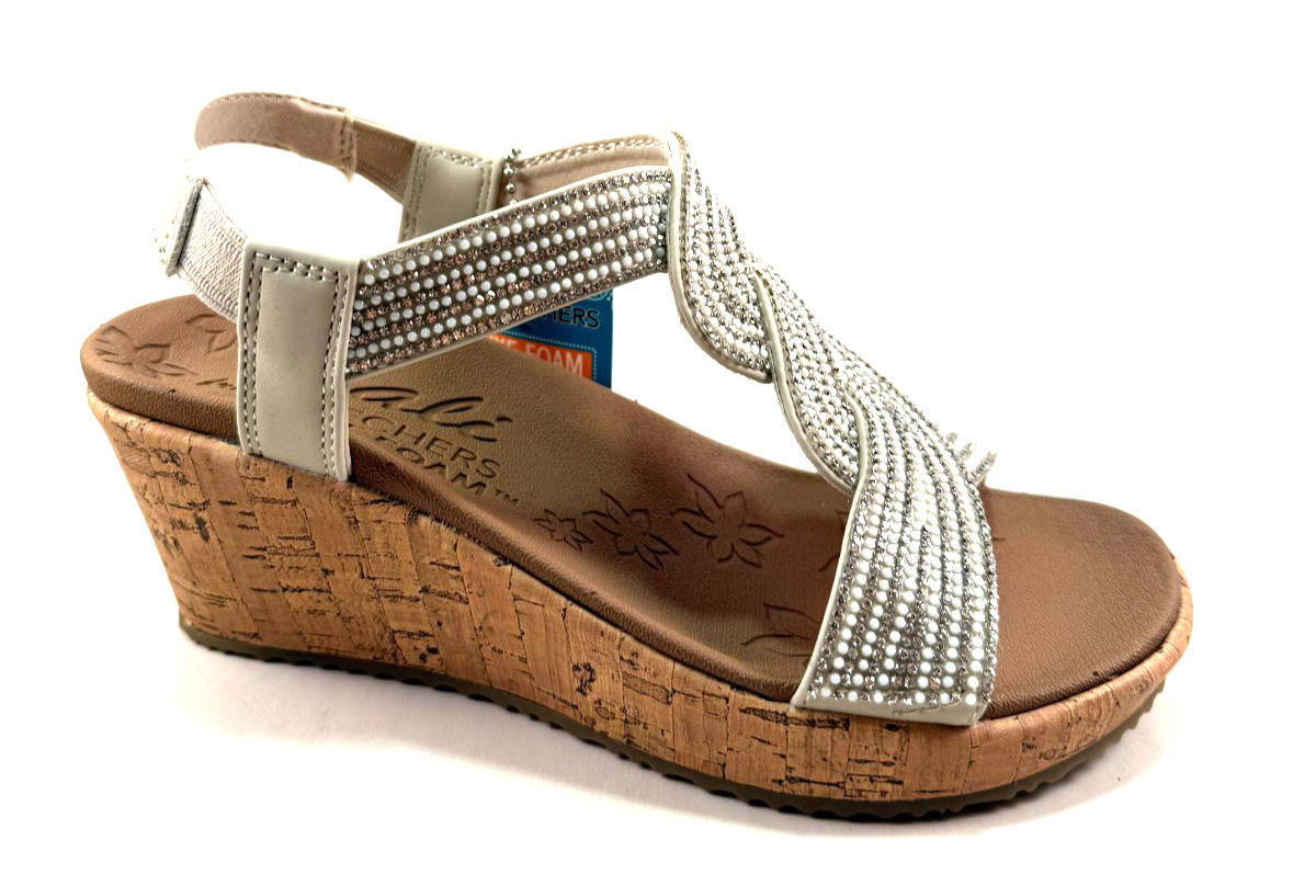 Cali from Skechers 120100 Off White Luxe Foam Mid Wedge Embellished Sandal