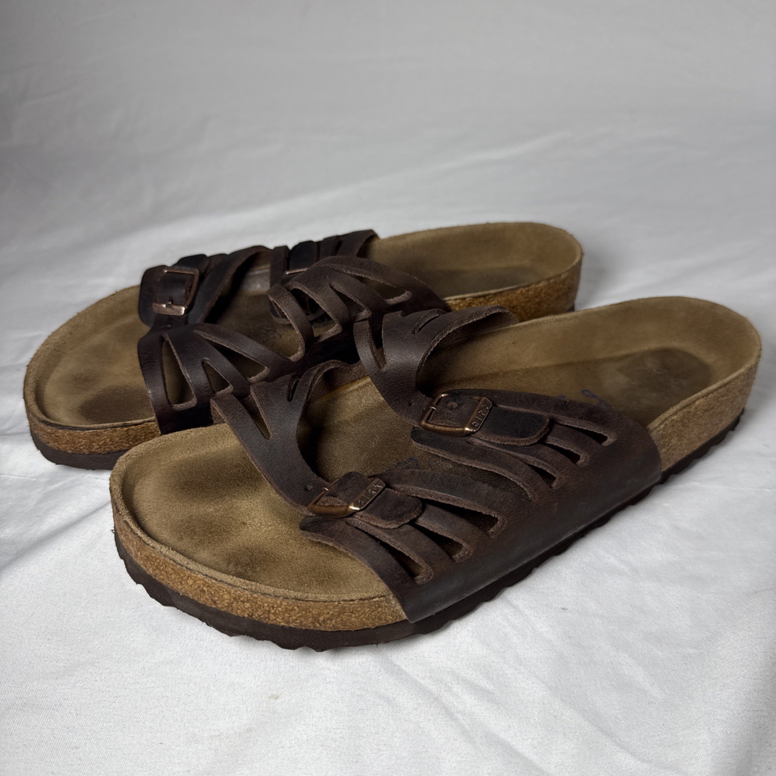 Birkenstock Sandals Brown Granada Slides Leather Buckle Womens 40 L9 M7 2W