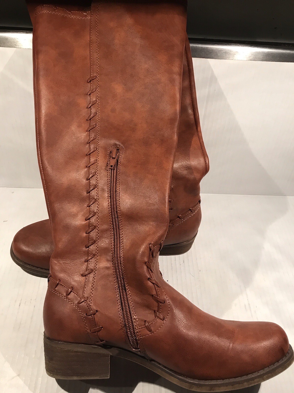 Boots MIA EVERETT Size 10M Brown Whipstitch Tall Riding Fashion Faux Leather