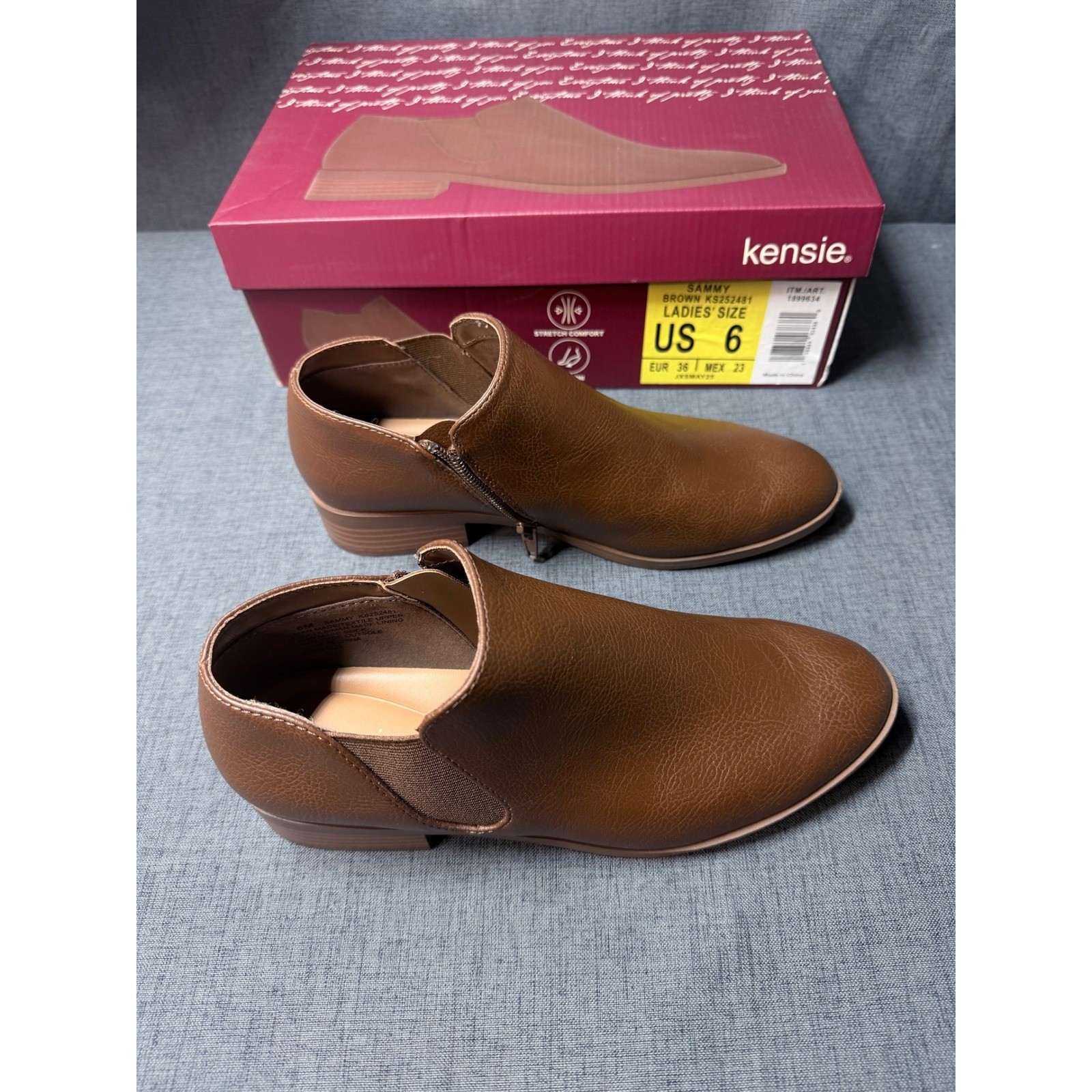 Kensie Sammy Brown Ankle Booties Side Zip Low Block Heel Shoes Womens 6 NEW