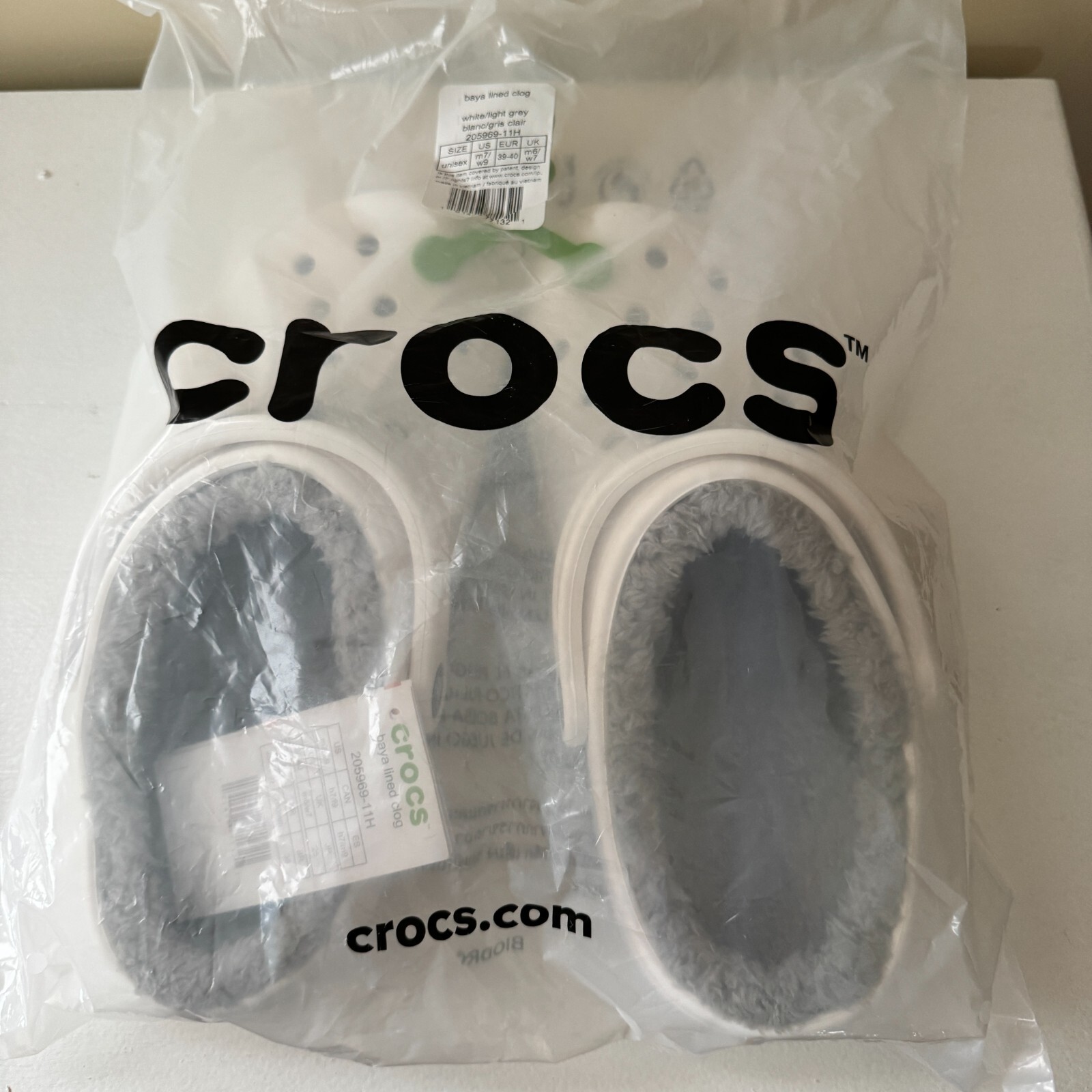 Crocs 205969 Unisex Baya Lined Clogs, White/Light Grey Men 6 Women 8