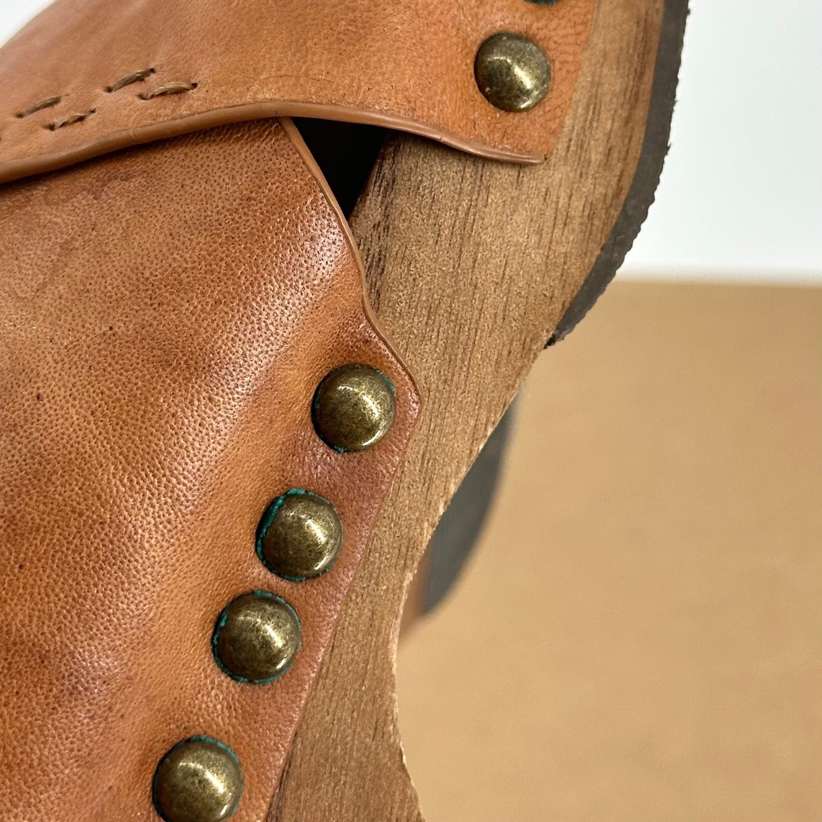 Kelsi Dagger Tan Leather Studded Clog Wood Platform Sandal Boho 8