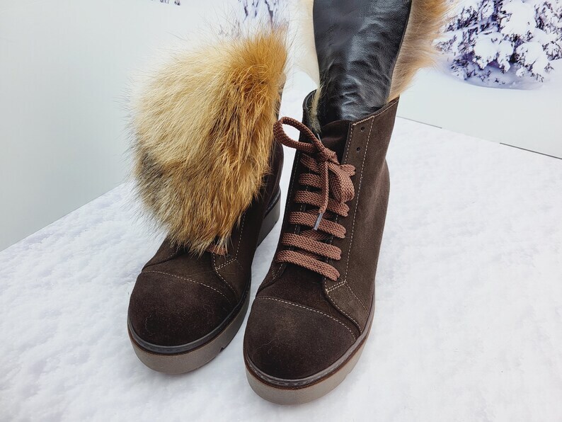 Women’s Brown Suede Ankle-High Fox Fur Boots, Handmade by LITVIN
