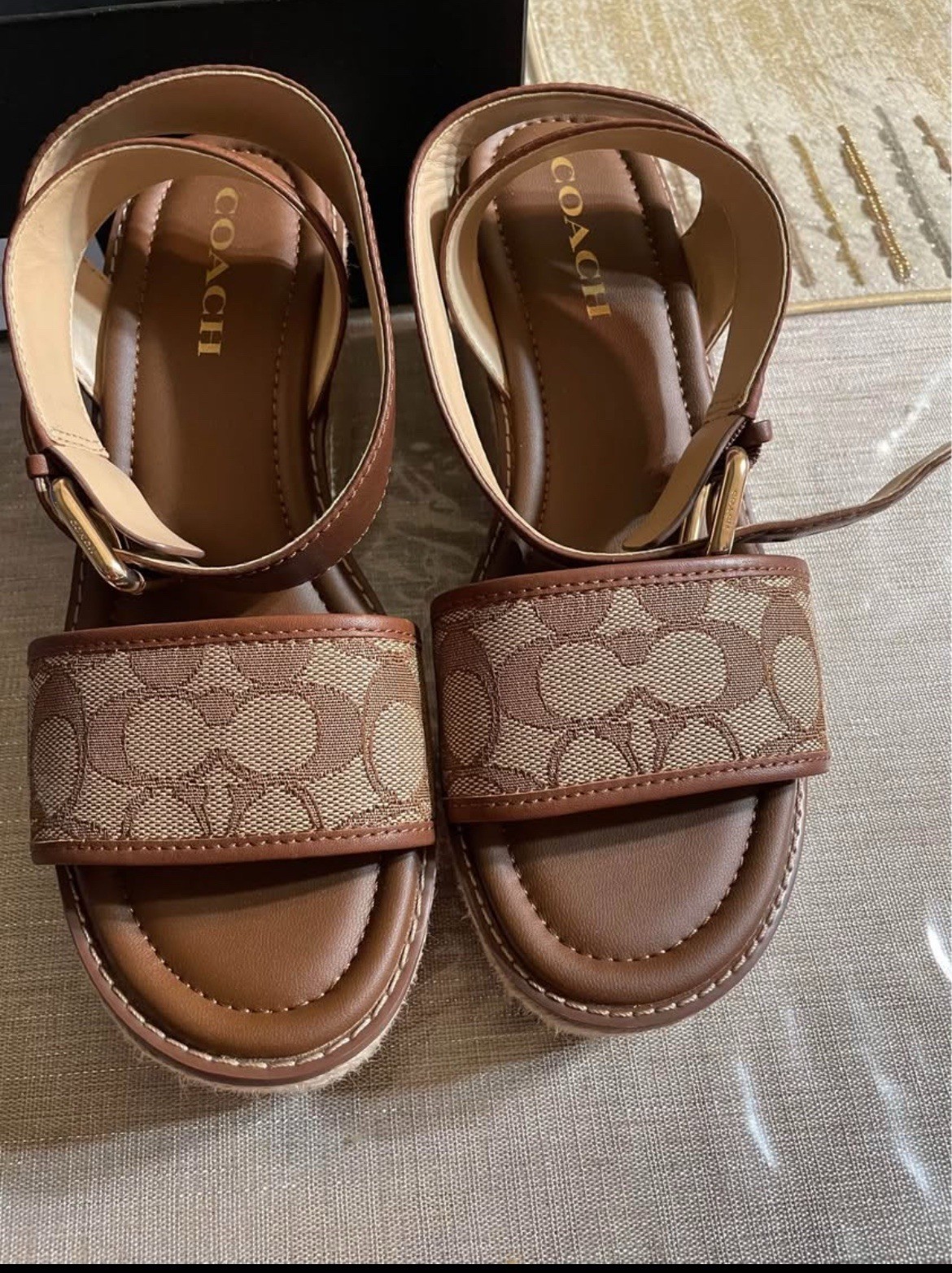Coach Brown/Beige Logo Leather Wedge Sandals Ankle Strap Buckle Women 8.5