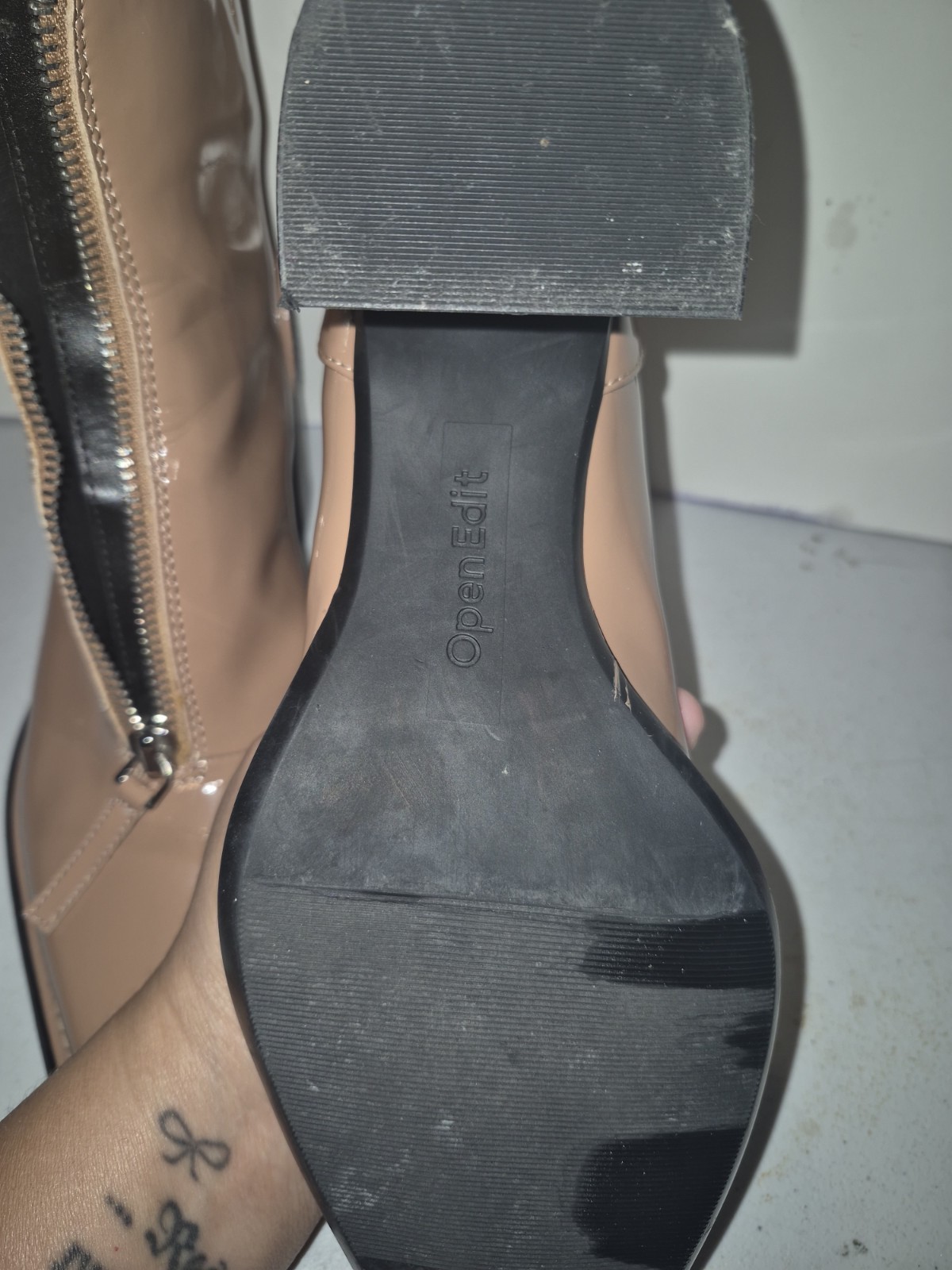 Open Edit Beige Patent Square Toe Zip Closure Block Heel Ankle Booties Women’s 8