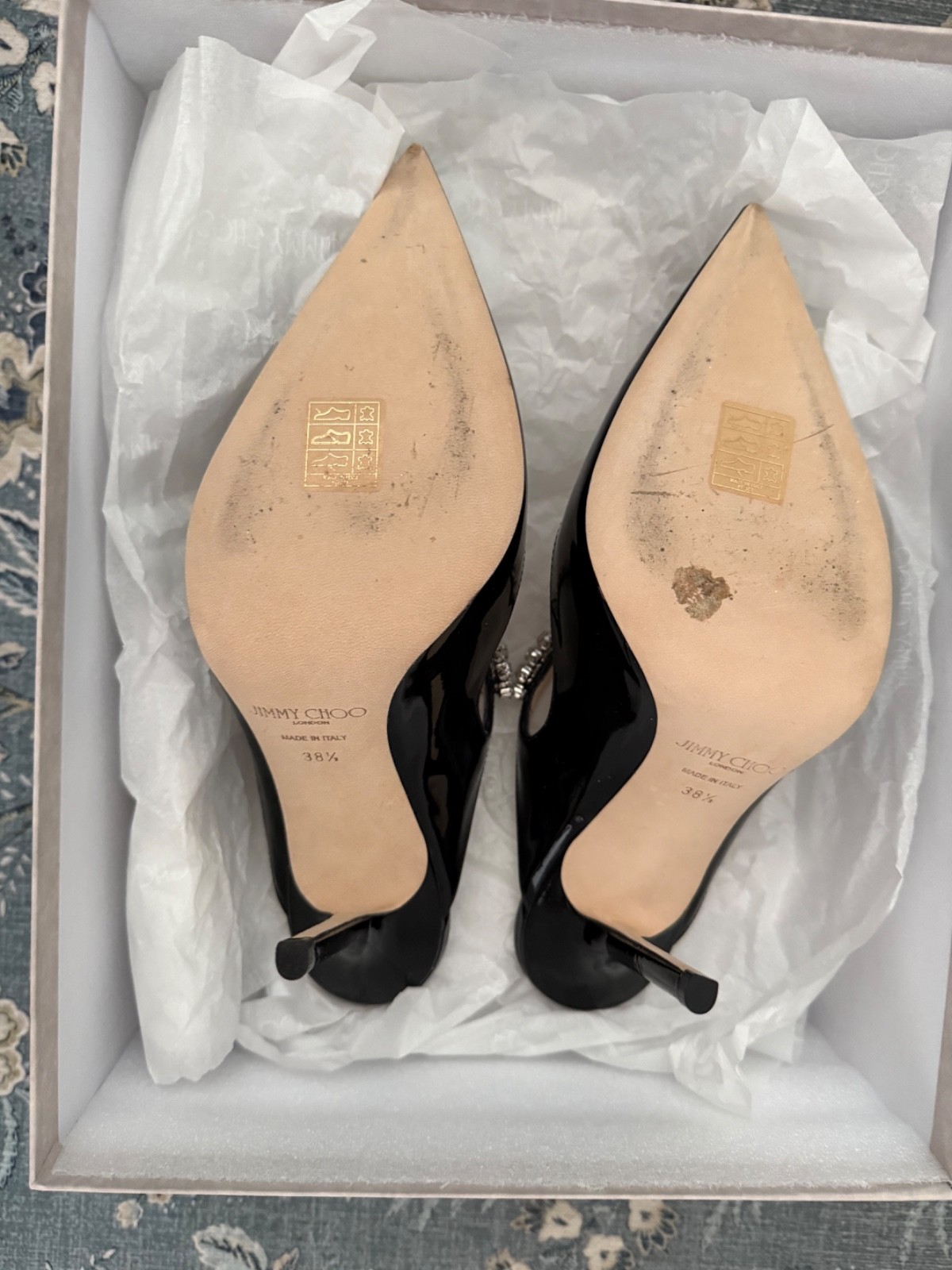 Jimmy Choo Bing 100 Black Patent Leather Heels with Crystal Strap in size 38.5
