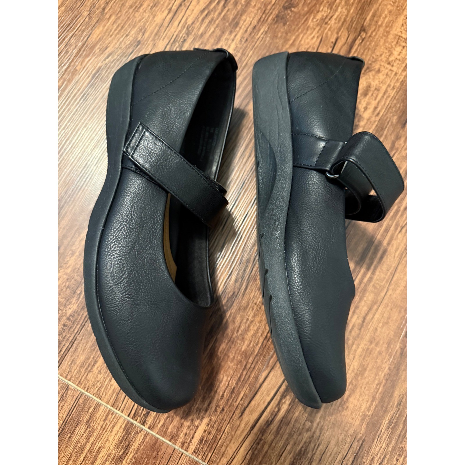 Comfortview Womens Black Mary Jane Flats Hook Loop Strap Low Wedge Shoes 11M