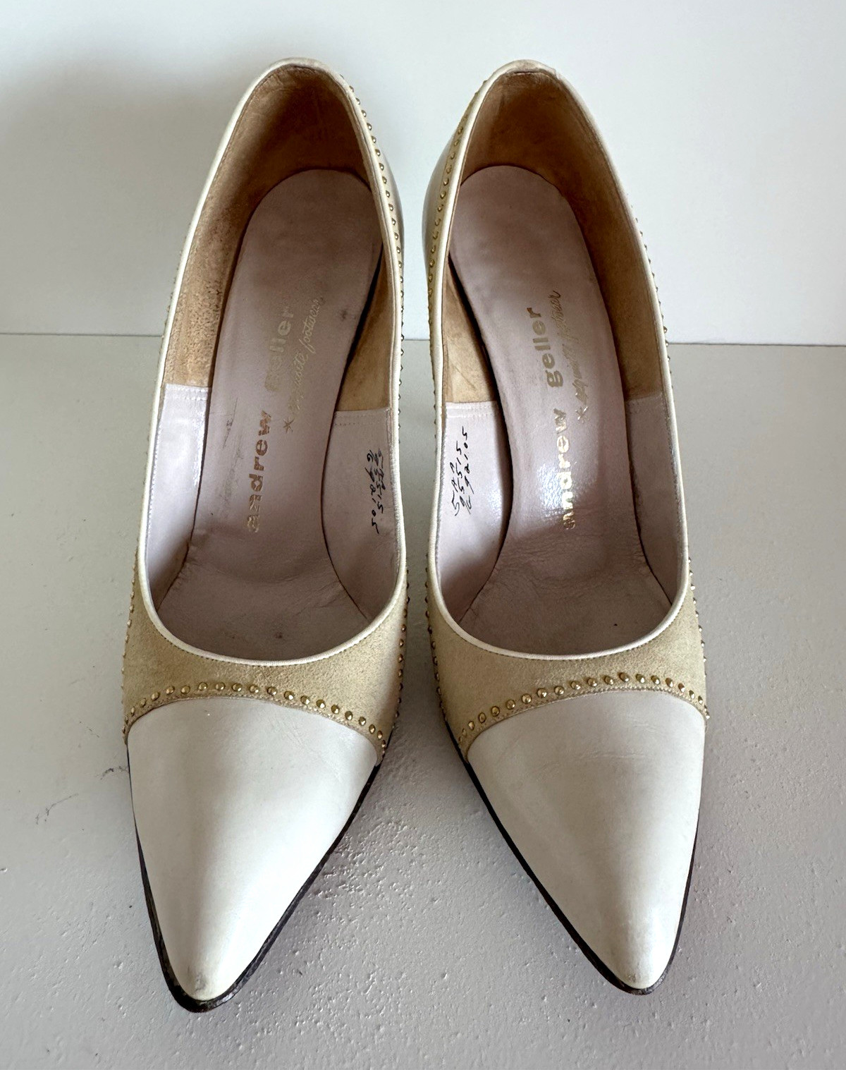 Andrew Geller Ivory Beige Leather Suede Colorblock Studded Pointed Toe Pump 5