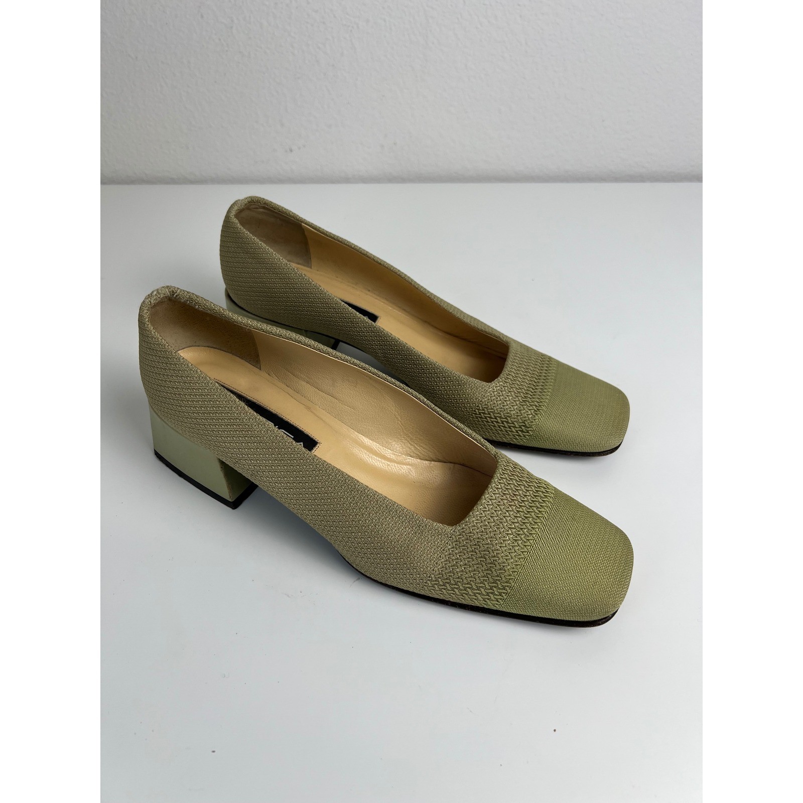 Via Spiga 90s Green Woven Square Toe Block Heel Pumps Made In Italy 9 M Preppy