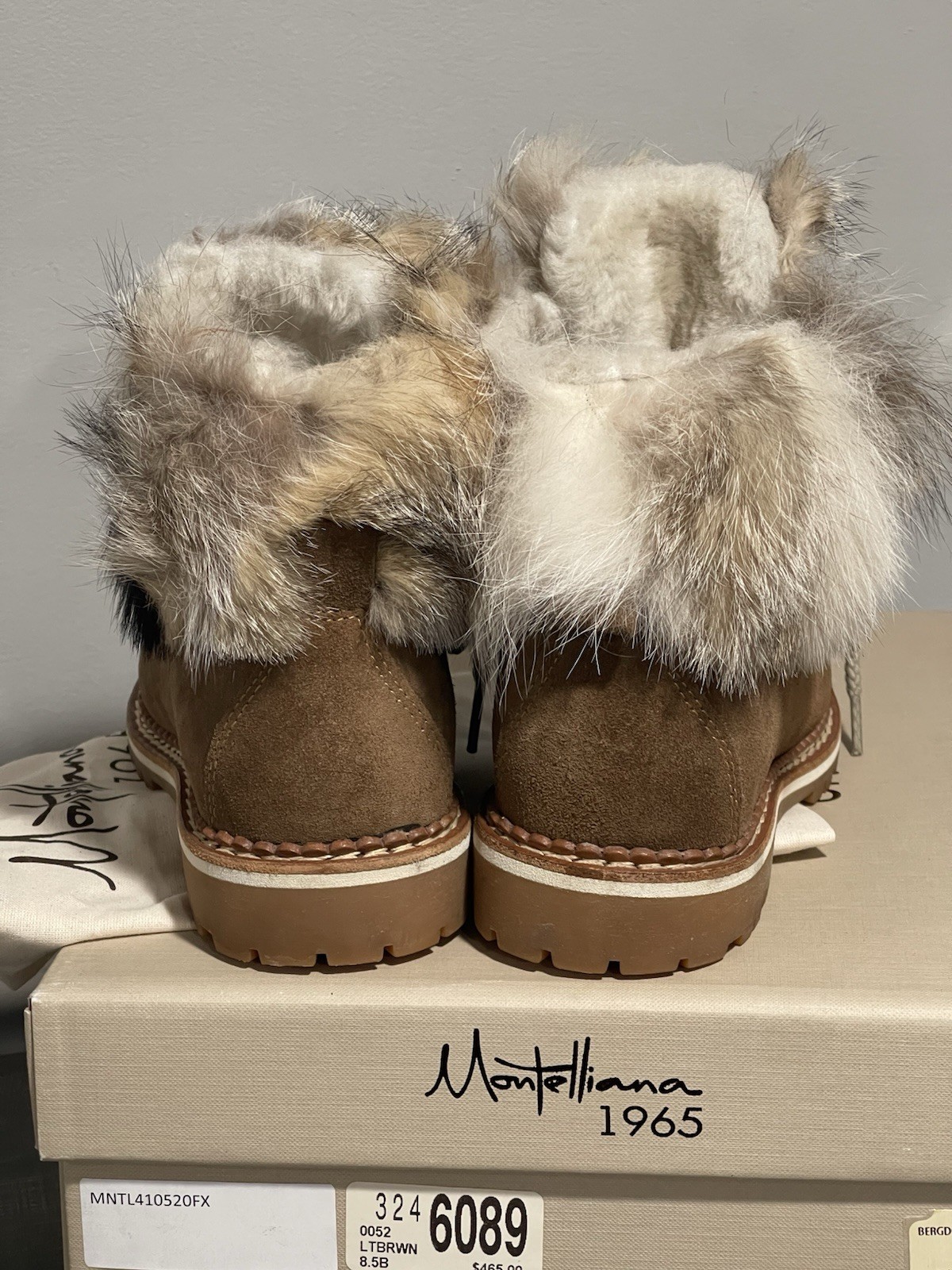 MONTELLIANA CAMELIA REAL FOX FUR SHEARLING HIKER BOOTS LT BROWN LEATHER 38.5 BOX