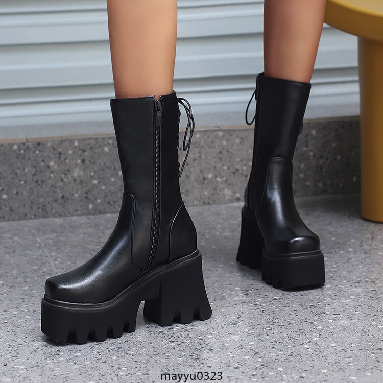 Womens Platform High Block Heel Zip Square Toe Casual Ankle Boots Shoes Biker