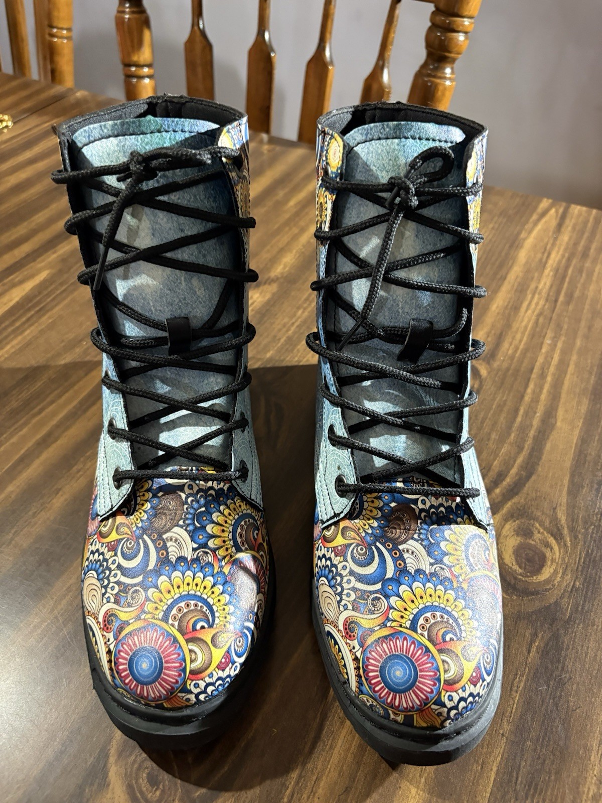 Yes We Vibe Vegan Leather Combat Boots Colorful Flower Mandala 8 Men 9.5 Women