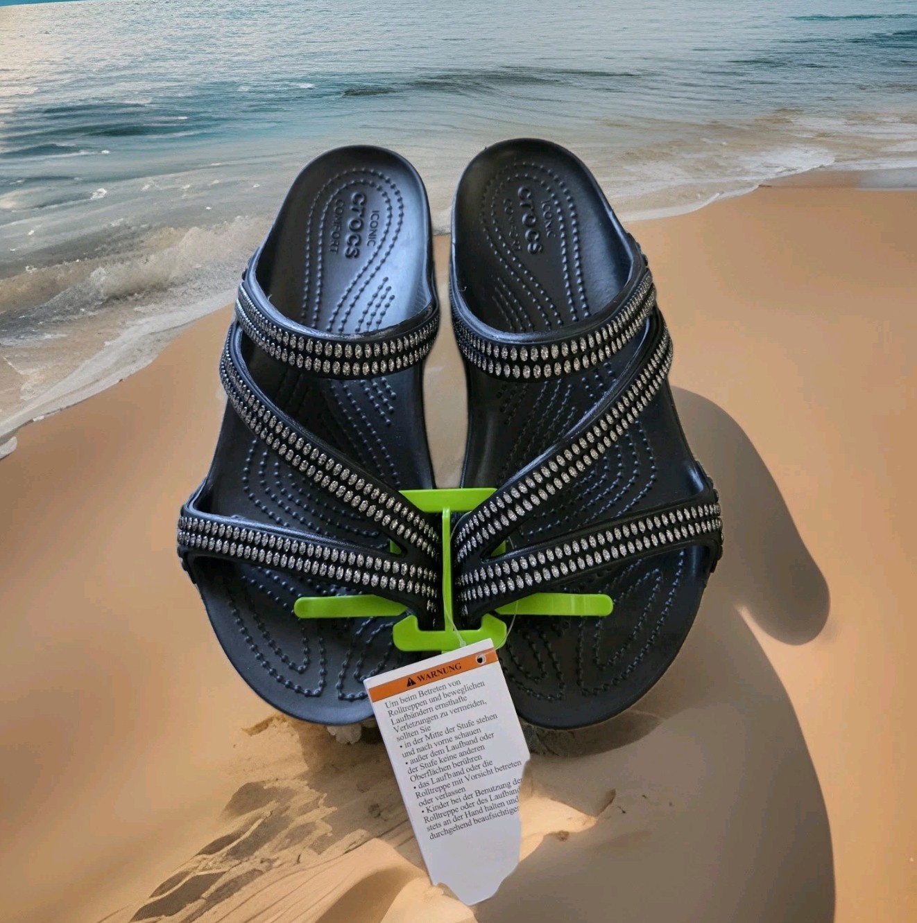 NWT Size 8 Crocs Black Getaway Gems Strappy Womens Sandals Shoes Slide On