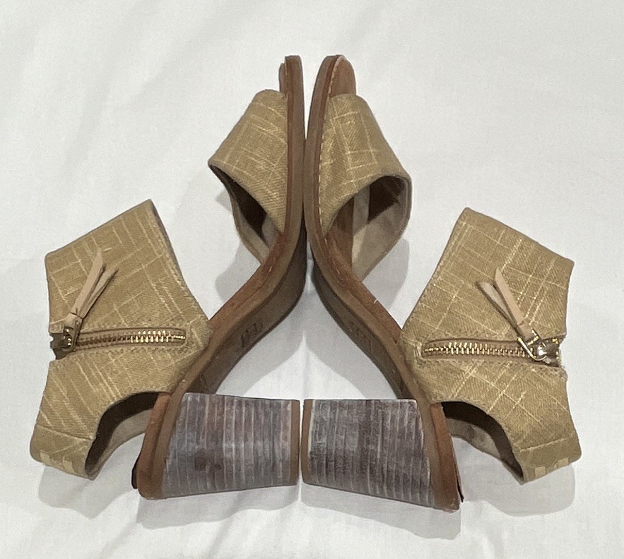 TOMS Majorca Cutout Sandal Natural Yarn Gold Metallic Block Heel Zipper 7.5 NWT