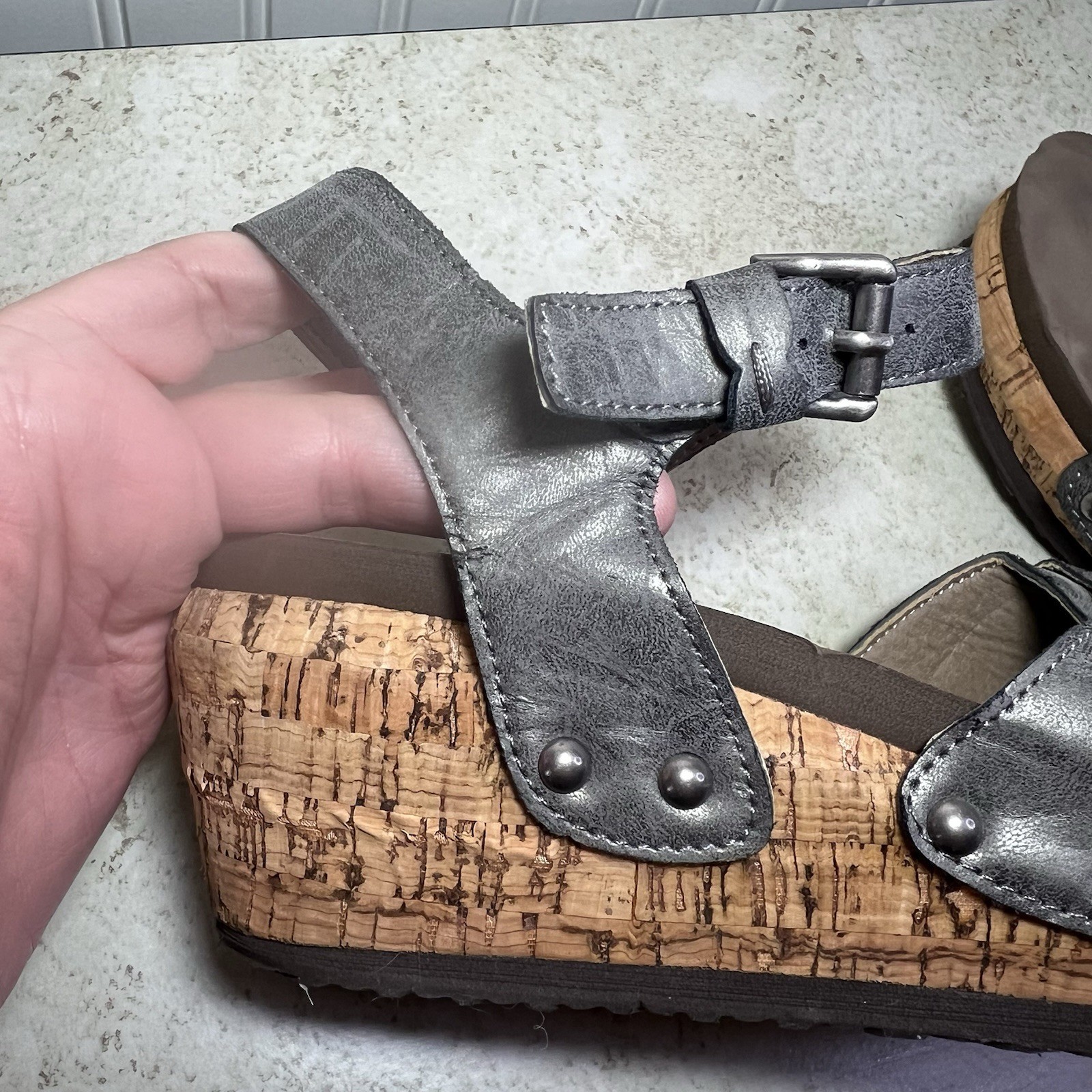 Corkys Metallic Silver Studded Platform Cork Wedge Sandal 9 Comfortable Edgy