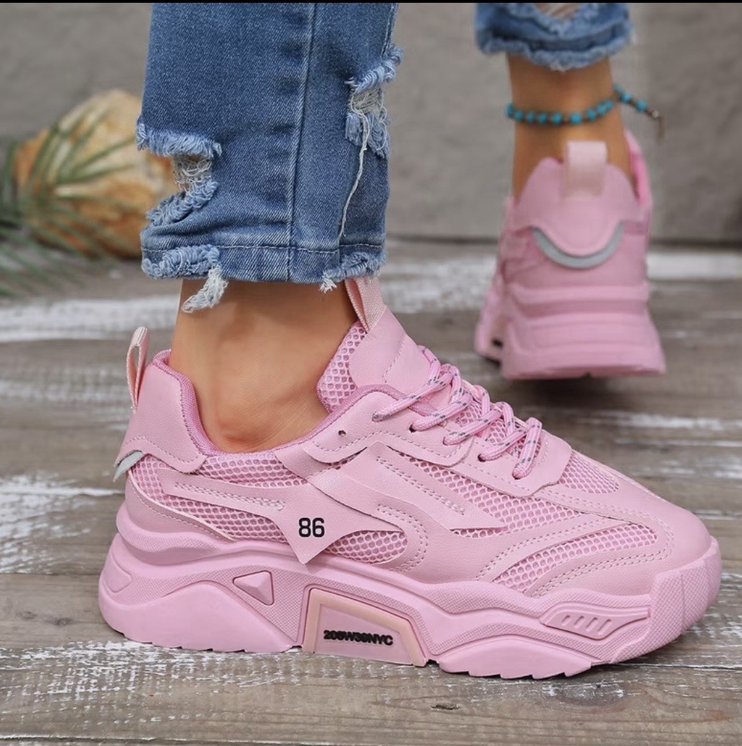 Women’s Pink Solid Mesh Low Top Athletic Sneakers Lace Up Casual Activewear