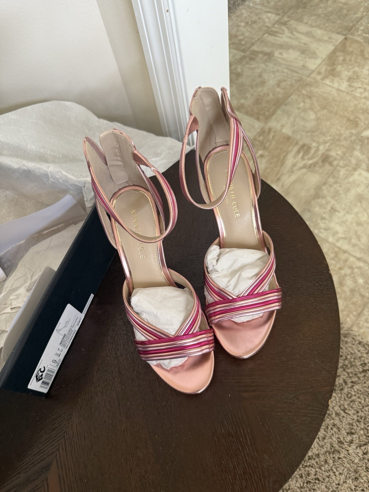 Kenneth Cole Pink/Rose Gold Striped Leather Strappy Ankle Strap Heels 9