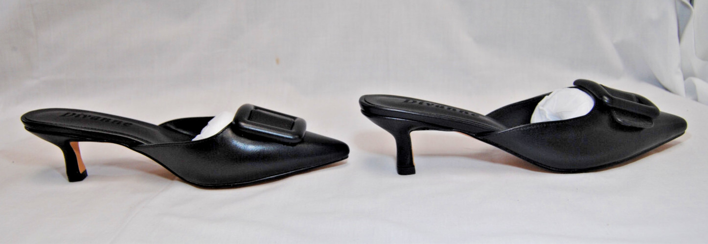 Divanne Women’s Buckle Backless Heeled Mules Pointed Toe Sandals Black T2338