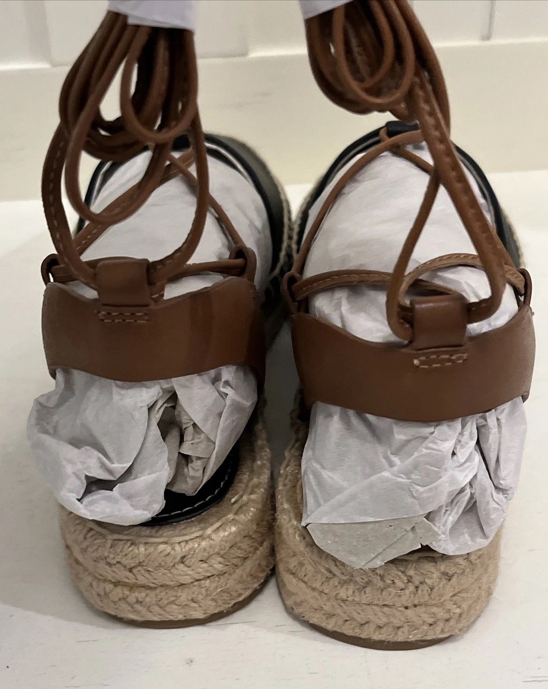 Coach Rita Espadrille Sandals Size 5.5M Black Leather LaceUp Flat Shoes NiB