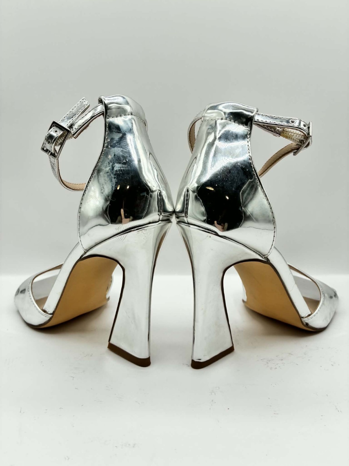 BP Silver Heel Shoes Ankle Strap Patent Upper Sandal Women Shoe Size 6 NEW