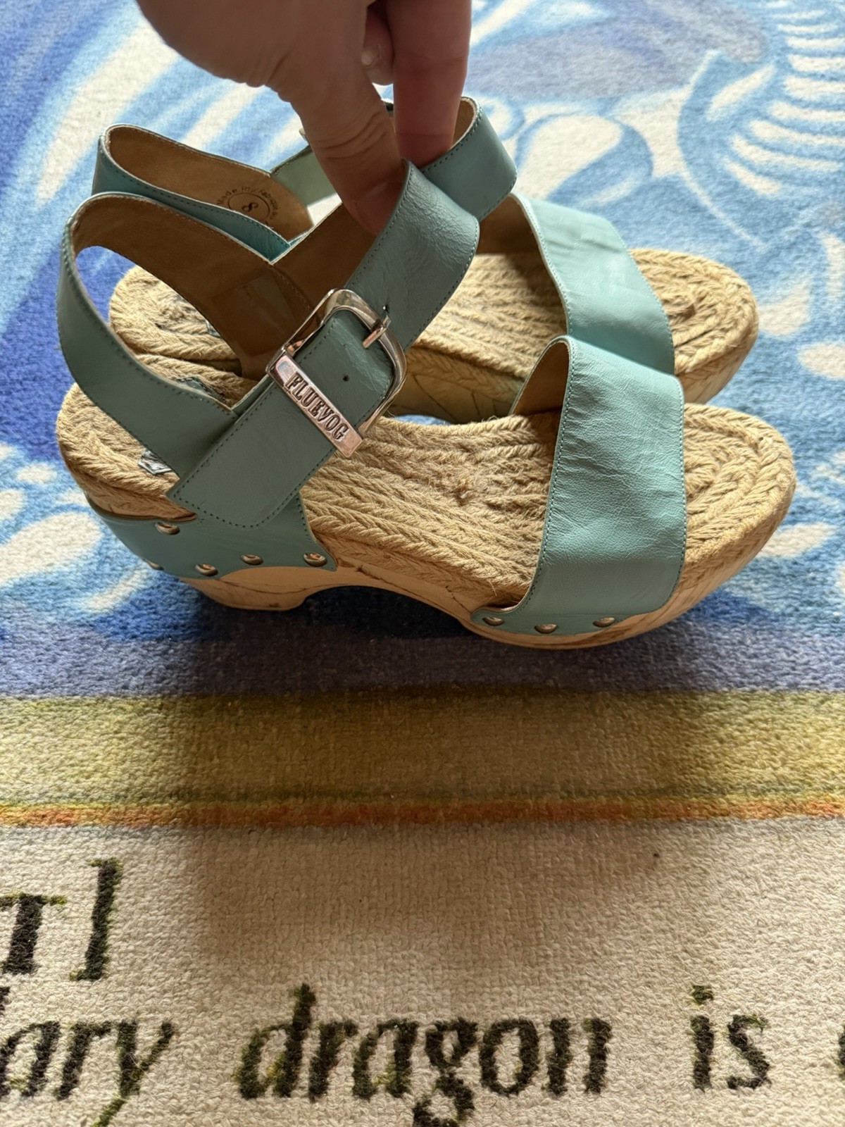 John Fluevog Rushmore Platform Mary Janes Clog Sandal Women’s 8 Blue Buckle Wood