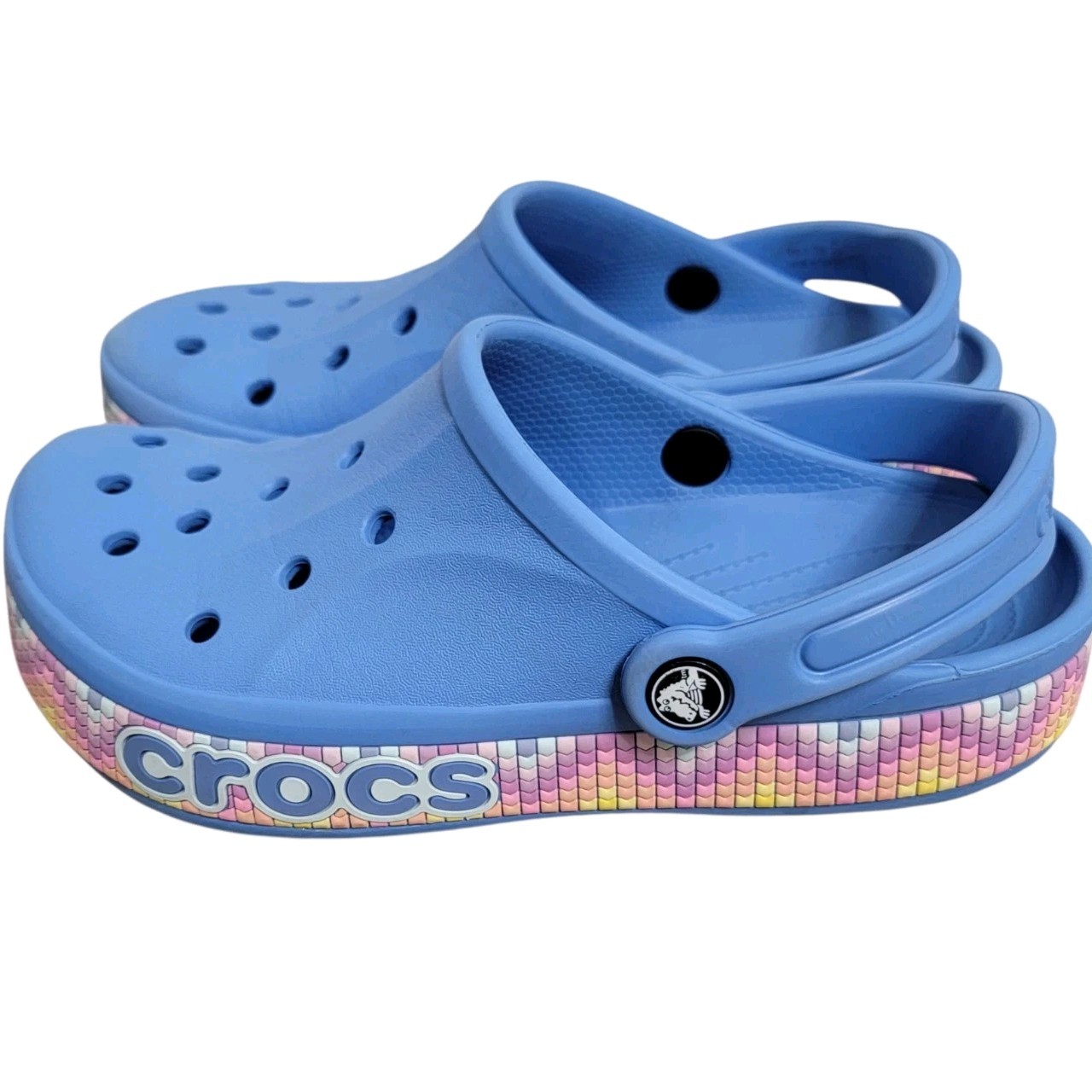 Crocs Womens 8 Bayaband Chevron Band Rubber Clog Powder Blue Colorful Beach Pool