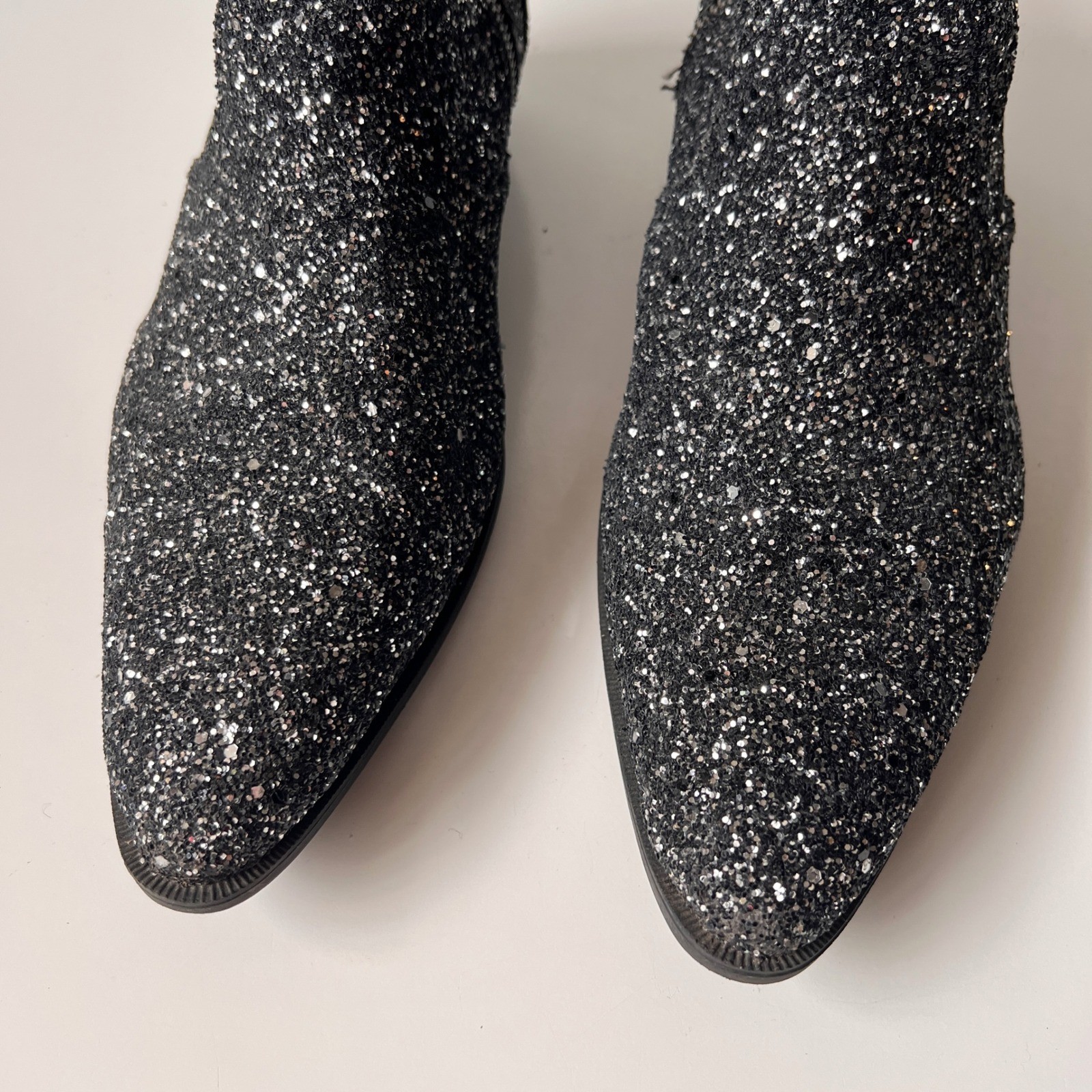 Glitter Chelsea Ankle Boots Sparkly Pointed Toe Rocker Glam Black Silver 9 Women