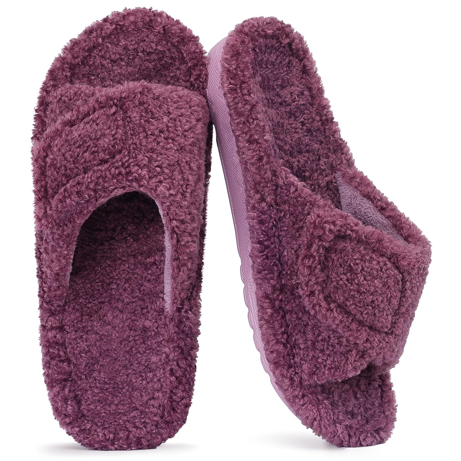 Litfun Womens Fuzzy Arch Support Slippers 5.5-6 Women/4-4.5 Men, Purple Nubby