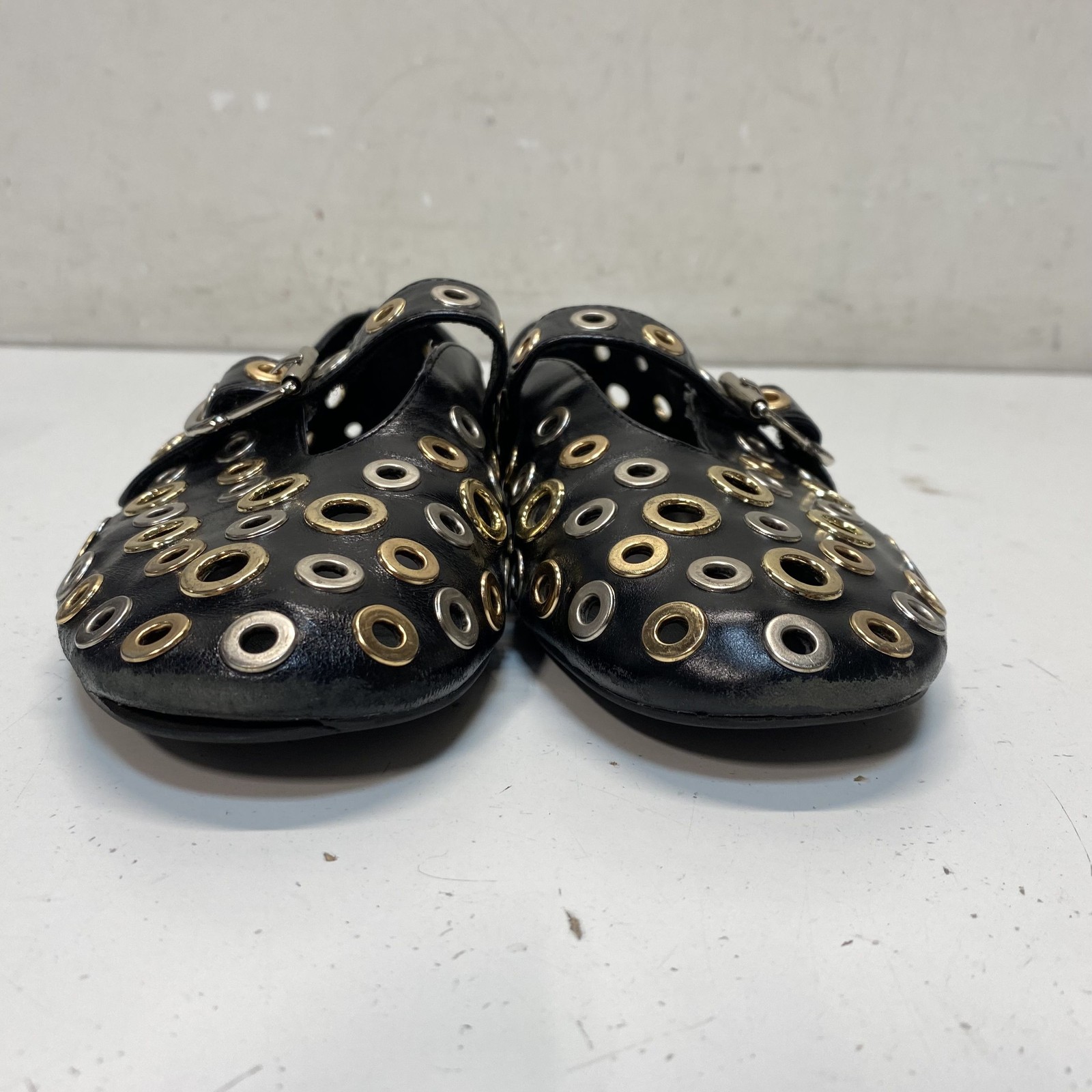 Jeffrey Campbell Black Leather Eyelet Grommet Buckle Mary Jane Flats Size 6