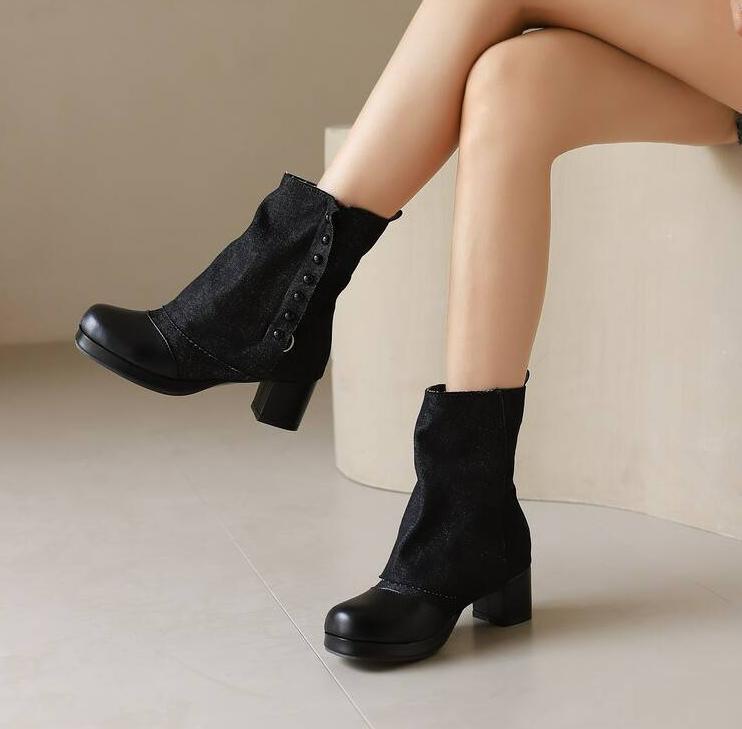 Womens Round Toe Block Heel Ankle Boots Denim Chelsea High Heel Blue Tube Boots