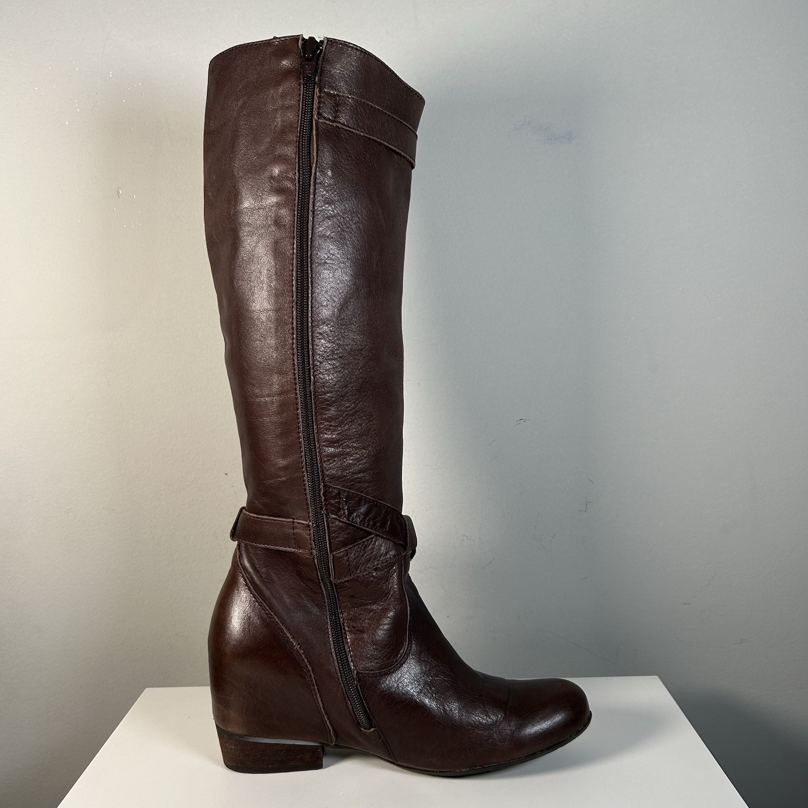 Miz Mooz Brown Brown Leather Moto Buckle Strap Hidden Wedge Boot Sz 8.5