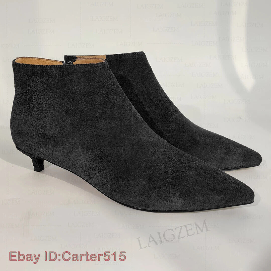 Women Ankle Boots Suede Pointed Toe Side Zip 3.5CM Kitten Heels Short Booties Ha