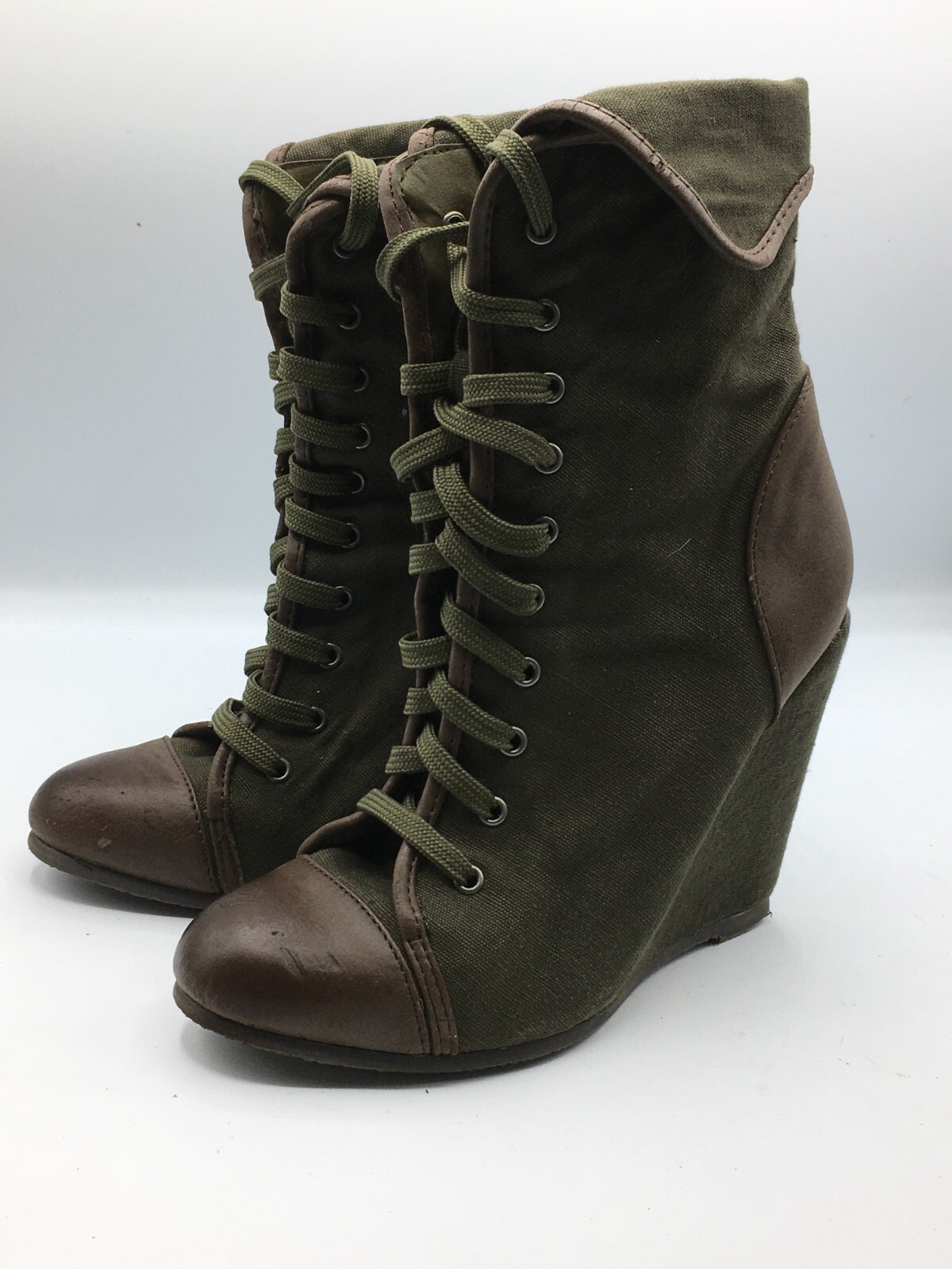 Coconuts Davis 6 M Brown & Green 4″ Wedge Heel Women Faux Leather & Fabric