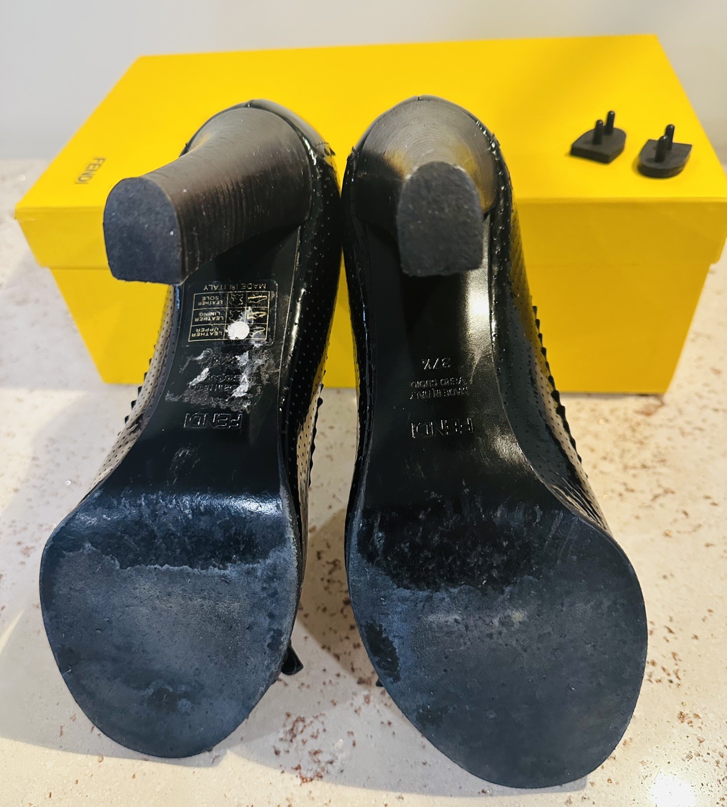 Fendi Designer Black Women Patent Leather Peep Toe Pump Classic Italy Size 7.5