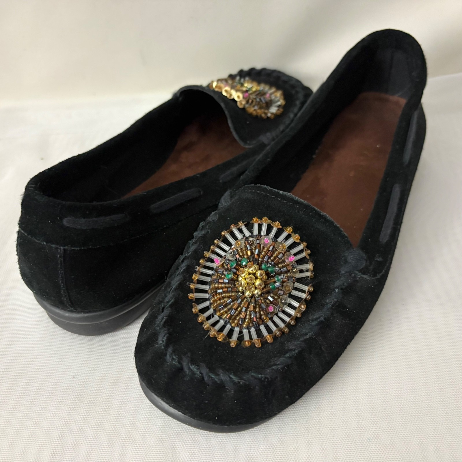 Aerosoles JAMBOLINE Mocassin Suede Slip On Shoes Women’s 8.5M Black w/Medallion