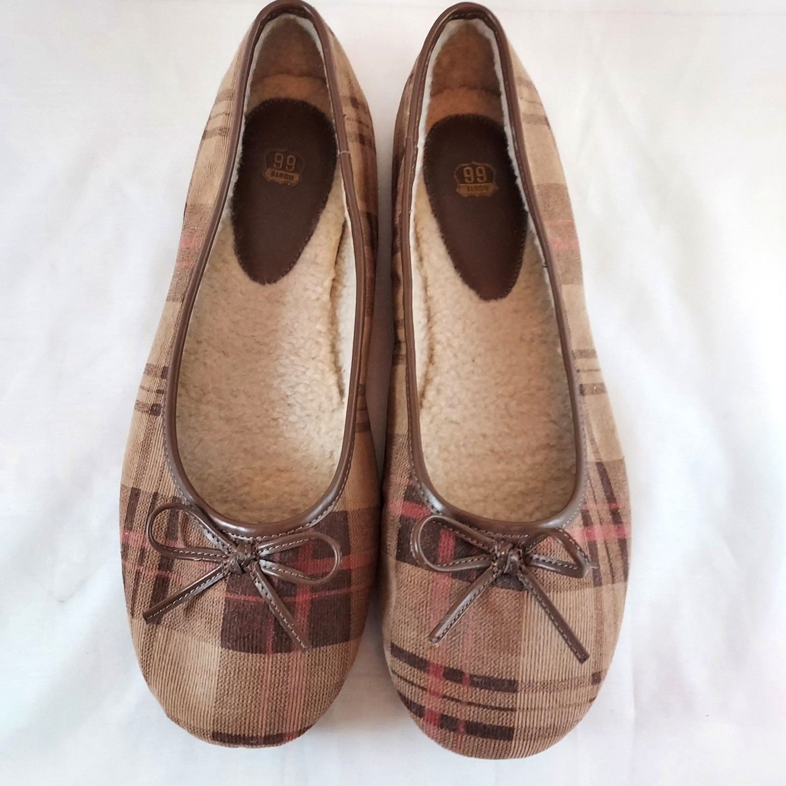 Route 66 Slip On Flats Ladies Size 11 Shoes Corduroy Plaid w Fleece Lining Bow