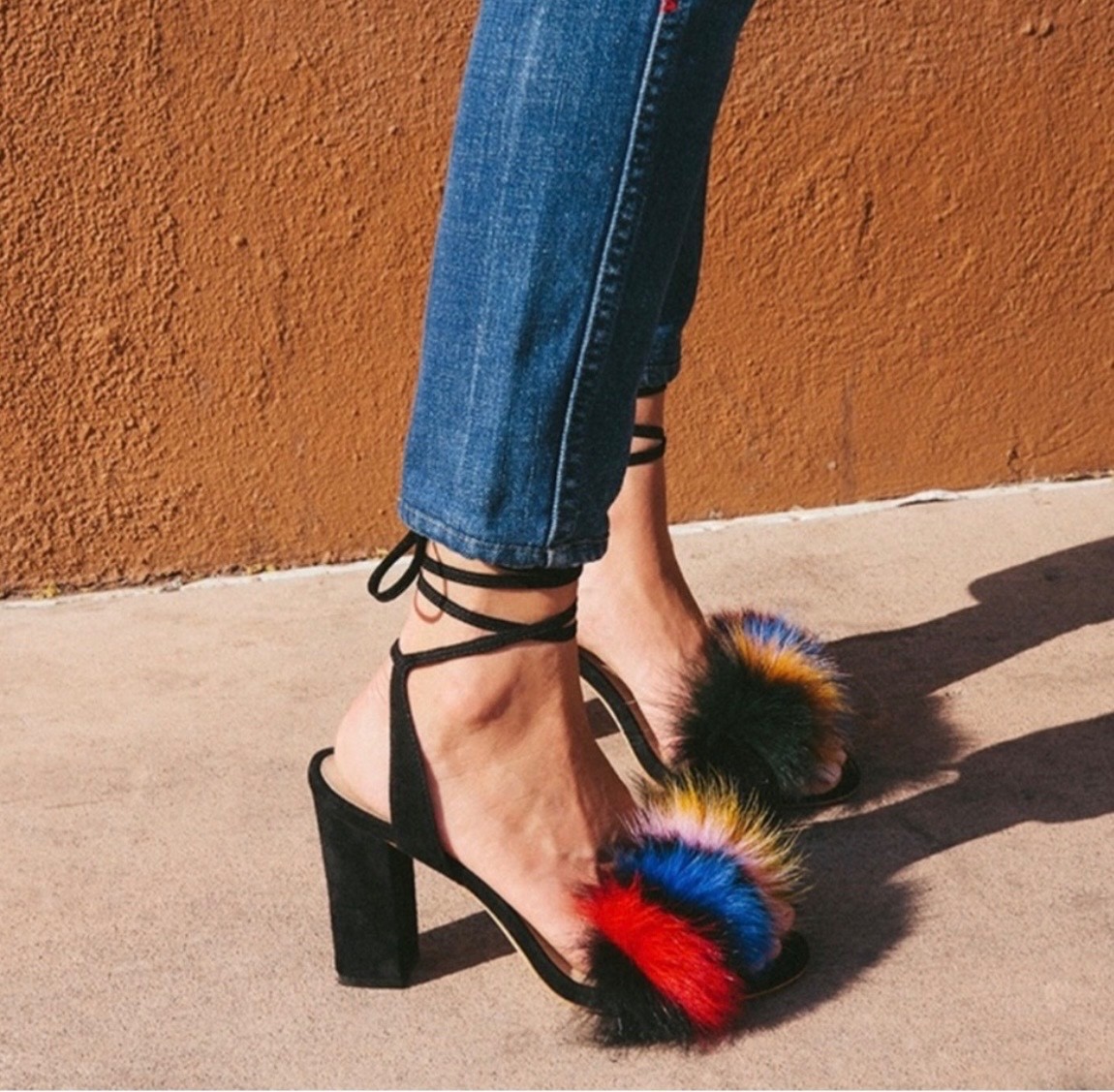 LOEFFLER RANDAL Nicolette Black Suede Fox Fur Multicolor Block Heel Sz 8.5 $495