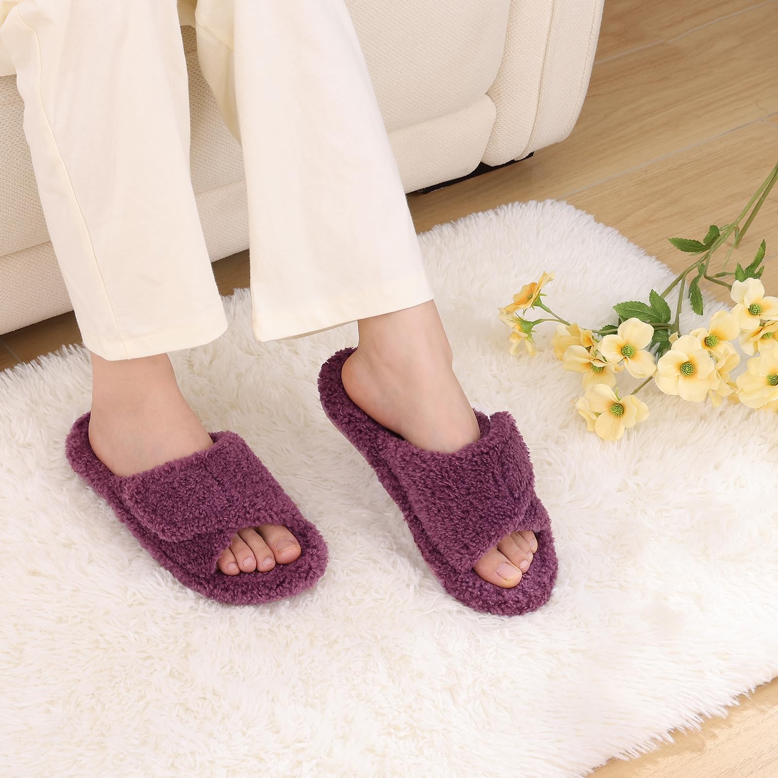 Litfun Womens Fuzzy Arch Support Slippers 5.5-6 Women/4-4.5 Men, Purple Nubby