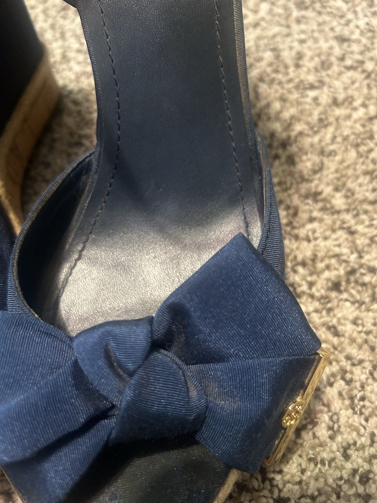 Tory Burch Blue Wedge Ankle Strap Sandals Bow Logo Buckle Women’s US 8