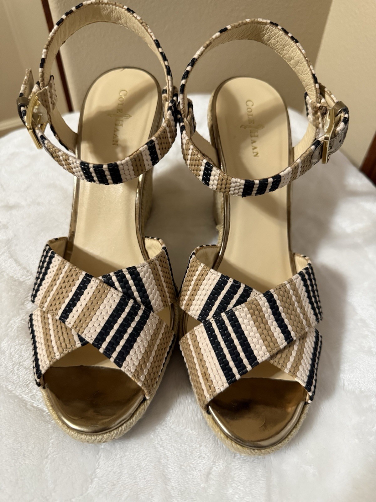 Cole Haan Striped Raffia Wedge Sandals Ankle Strap Buckle Beige Black White 9B