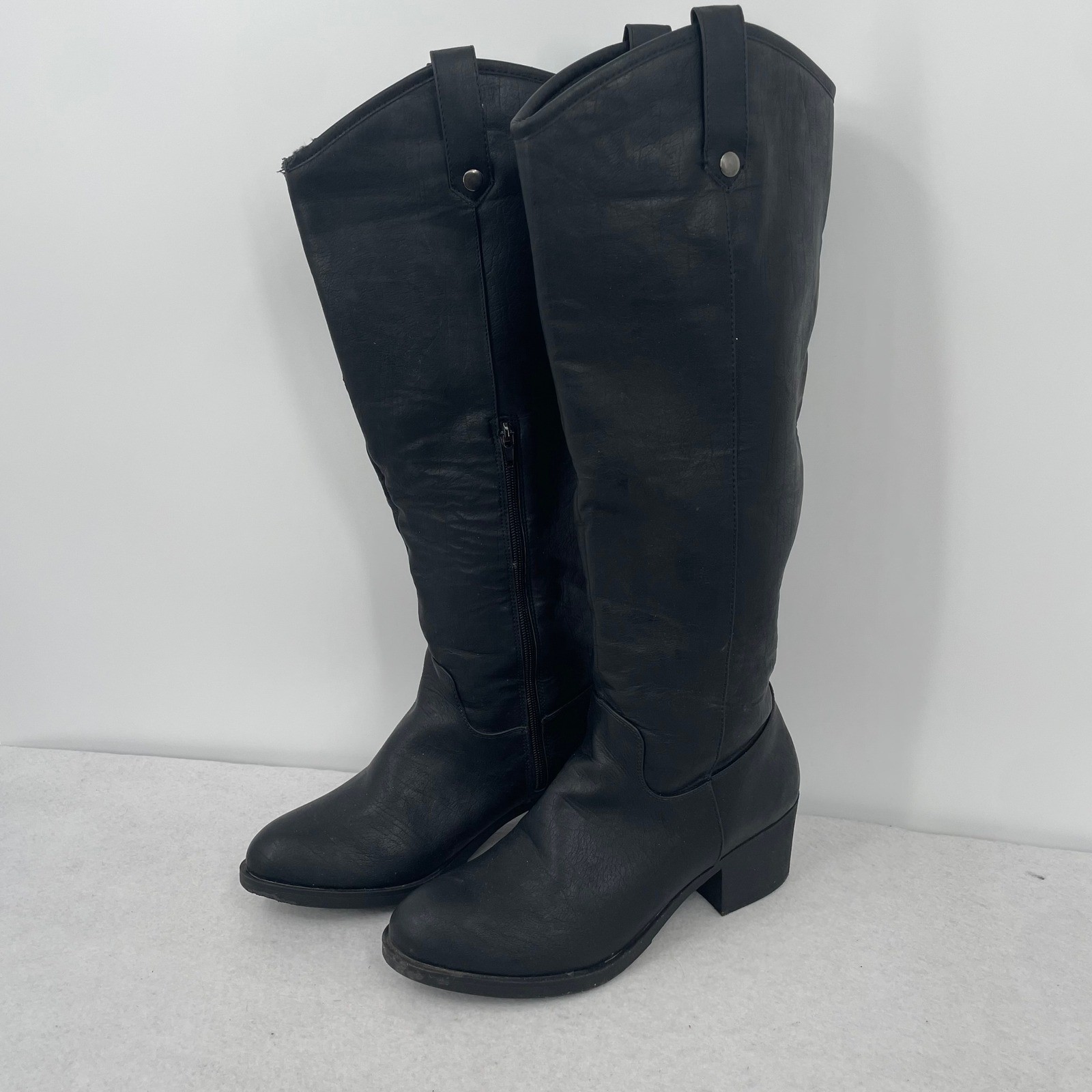 London Fog Black Tall Riding Boots Block Heel Size 10M LFW-IRIE WL06309
